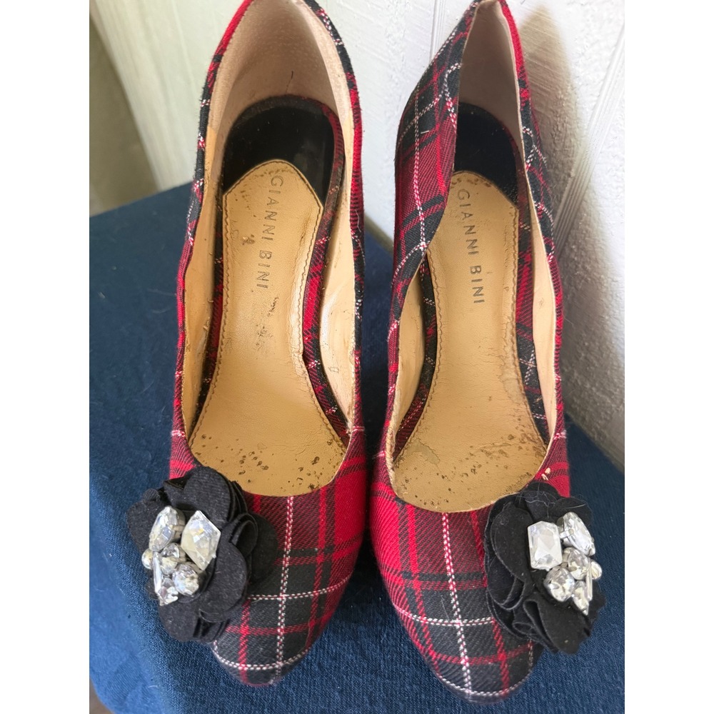 Gianni Bini Red Plaid Platform Pumps Black Floral Rhinestone Heels Womens 9M - Picture 4 of 6